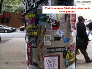 Quelle: FH Schmalkalden
                      „Akzeptanz Mobile Tagging
                                2011“


25,4 % kennen QR-Codes, aber noch
          nicht genutzt




                                     25
 