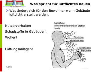 Was spricht für luftdichtes Bauen Was ändert sich für den Bewohner wenn Gebäude luftdicht erstellt werden. Nutzerverhalten Schadstoffe in Gebäuden! Woher? Lüftungsanlagen! 