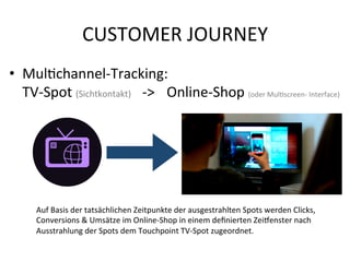 CUSTOMER	
  JOURNEY	
  
•  MulVchannel-­‐Tracking:	
  	
  
TV-­‐Spot	
  (Sichtkontakt)	
  	
  	
  	
  -­‐>	
   	
  Online-­‐Shop	
  (oder	
  MulVscreen-­‐	
  Interface)	
  

Auf	
  Basis	
  der	
  tatsächlichen	
  Zeitpunkte	
  der	
  ausgestrahlten	
  Spots	
  werden	
  Clicks,	
  
Conversions	
  &	
  Umsätze	
  im	
  Online-­‐Shop	
  in	
  einem	
  deﬁnierten	
  Zeifenster	
  nach	
  
Ausstrahlung	
  der	
  Spots	
  dem	
  Touchpoint	
  TV-­‐Spot	
  zugeordnet.	
  

 