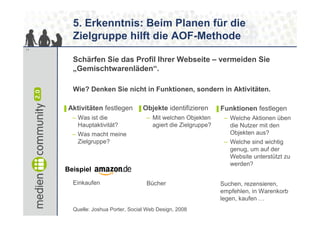 5. Erkenntnis: Beim Planen für die
       Zielgruppe hilft die AOF-Methode
11


       Schärfen Sie das Profil Ihrer Webseite – vermeiden Sie
       „Gemischtwarenläden“.

       Wie? Denken Sie nicht in Funktionen, sondern in Aktivitäten.

     ▌Aktivitäten   festlegen    ▌Objekte     identifizieren   ▌Funktionen   festlegen
       – Was ist die                – Mit welchen Objekten       – Welche Aktionen üben
         Hauptaktivität?              agiert die Zielgruppe?       die Nutzer mit den
       – Was macht meine                                           Objekten aus?
         Zielgruppe?                                             – Welche sind wichtig
                                                                   genug, um auf der
                                                                   Website unterstützt zu
                                                                   werden?
     Beispiel
       Einkaufen                    Bücher                     Suchen, rezensieren,
                                                               empfehlen, in Warenkorb
                                                               legen, kaufen …
       Quelle: Joshua Porter, Social Web Design, 2008
 