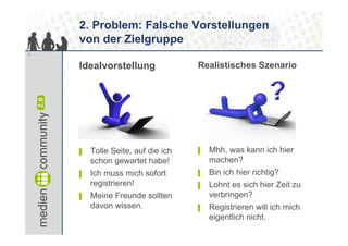 2. Problem: Falsche Vorstellungen
    von der Zielgruppe
5



    Idealvorstellung               Realistisches Szenario




    ▌   Tolle Seite, auf die ich   ▌   Mhh, was kann ich hier
        schon gewartet habe!           machen?
    ▌   Ich muss mich sofort       ▌   Bin ich hier richtig?
        registrieren!              ▌   Lohnt es sich hier Zeit zu
    ▌   Meine Freunde sollten          verbringen?
        davon wissen.              ▌   Registrieren will ich mich
                                       eigentlich nicht.
 