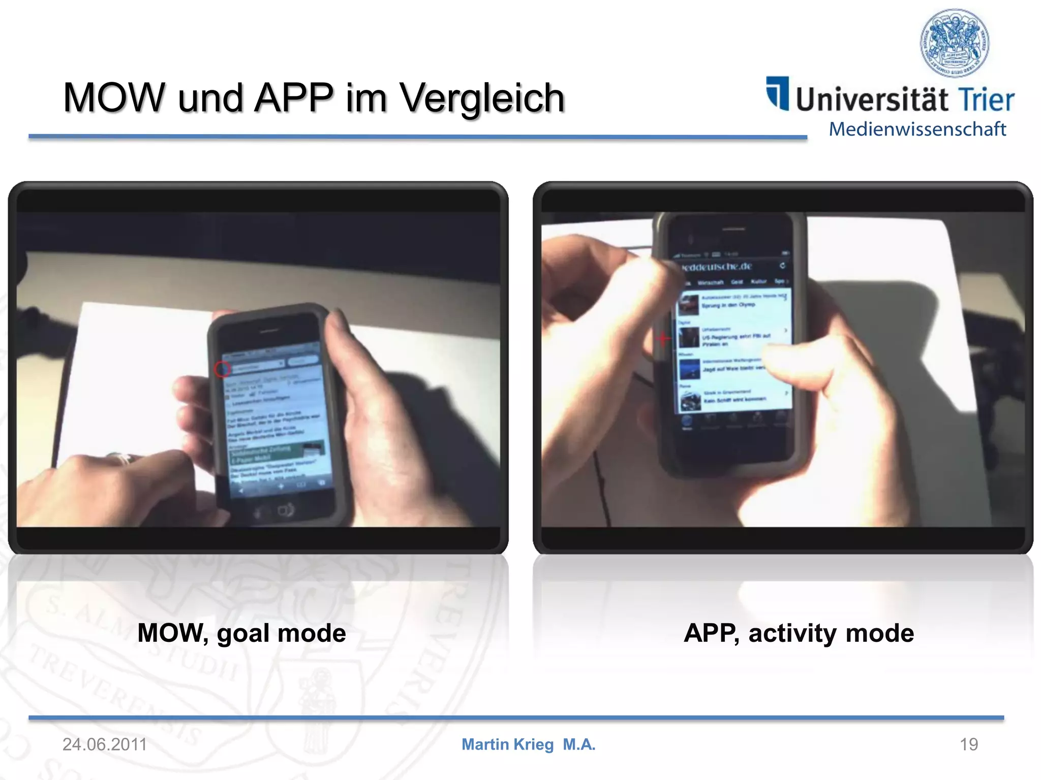 Medienwissenschaft
MOW und APP im Vergleich
24.06.2011 19Martin Krieg M.A.
MOW, goal mode APP, activity mode
 