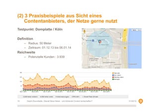 (2) 3 Praxisbeispiele aus Sicht eines
Contentanbieters, der Netze gerne nutzt
Testpunkt: Domplatte / Köln
Definition
– Radius: 50 Meter
– Zeitraum: 01.12.13 bis 06.01.14

Reichweite
– Potenzielle Kunden : 3.939

13

Delphi-Roundtable, Überall Neue Netze - und blühende Content landschaften?

01/02/14

 