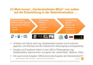 (1) Mein kurzer „Contentanbieter-Blick“ von außen
auf die Entwicklung in der Netzinfrastruktur …
Netzinfrastrukturanbieter, lokal, regional,
und national (internat.):
- Phone
- Mobile
- TV

Ergänzende
Dienste:
- HD TV
- Video on
demand
-…

Entbündelung
digitaler
Inhalte und
Bindung an
bestehende
Infrastruktur!

Anbieter wie Telcos oder reg. Netzbetreiber werden durch Internetgiganten und Startups auf den klassischen Netzzugang zurückgedrängt
Google und Facebook haben in den USA in Pilotprojekten reg.
Kabelanbieter übernommen und gehen die „letzte Meile“ (Ballons, Glas)
Die spannende Aufgabe: Differenzierende Angebot der Netzbetreiber!?!
5

Delphi-Roundtable, Überall Neue Netze - und blühende Content-Landschaften?

01/02/14

 