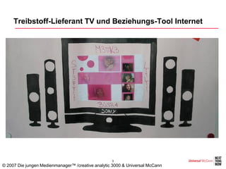 Treibstoff-Lieferant TV und Beziehungs-Tool Internet




                                                   3
© 2007 Die jungen Medienmanager™ /creative analytic 3000 & Universal McCann
 