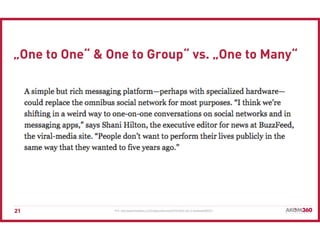 21
„One to One“ & One to Group“ vs. „One to Many“
Bild: http://www.theatlantic.com/magazine/archive/2014/12/the-fall-of-fa...