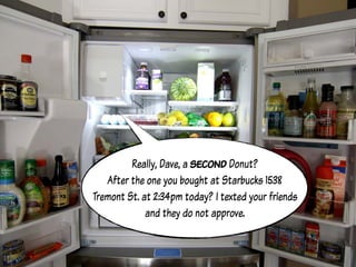 Really, Dave, a second Donut?
After the one you bought at Starbucks 1538
Tremont St. at 2:34pm today? I texted your friends
and they do not approve.
 