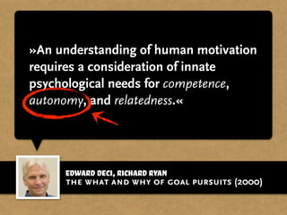 Edward Deci,Richard Ryan
»An understanding of human motivation
requires a consideration of innate
psychological needs for competence,
autonomy, and relatedness.«
the what and why of goal pursuits (2000)
 