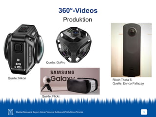 360°-Videos
5
Produktion
Quelle: Flickr.
Quelle: Nikon
Ricoh Theta S
Quelle: Enrico Pallazzo
Quelle: GoPro
MedienNetzwerk Bayern Aline-Florence Buttkereit #VirtuAline #Vrocks
 
