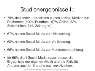 Studienergebnisse II:
Quelle: Deutschland-Report der Cision Social Journalism-Studie 2013/14
• 79% deutscher Journalisten nutzen soziale Medien zur
Recherche (100% Rundfunk, 97% Online, 82%
Zeitschriften, 74% Zeitungen) 
• 67% nutzen Social Media zum Networking.
!
• 60% nutzen Social Media zur Veriﬁzierung.
!
• 66% nutzen Social Media zur Medienbeobachtung. 
• für 66% dient Social Media dazu, besser die
Ergebnisse der eigenen Arbeit und die Aktivität
Anderer aus der Branche nachzuvollziehen.
!
 