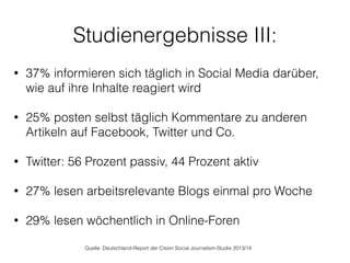 Studienergebnisse III:
Quelle: Deutschland-Report der Cision Social Journalism-Studie 2013/14
• 37% informieren sich täglich in Social Media darüber,
wie auf ihre Inhalte reagiert wird
!
• 25% posten selbst täglich Kommentare zu anderen
Artikeln auf Facebook, Twitter und Co.
!
• Twitter: 56 Prozent passiv, 44 Prozent aktiv 
• 27% lesen arbeitsrelevante Blogs einmal pro Woche  
• 29% lesen wöchentlich in Online-Foren 
 