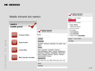 Mobile I t
                 M bil Intranet bei namics
                              tb i     i
Intranet to go
       t




                                             24
 