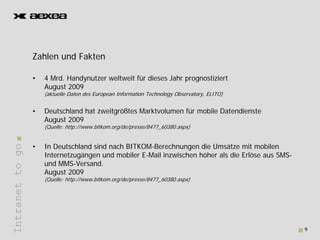 Zahlen d F kt
                 Z hl und Fakten

                 •   4 Mrd. Handynutzer weltweit für dieses Jahr prognostiziert
                     August 2009
                     (aktuelle Daten des European Information Technology Observatory, ELITO)


                 •   Deutschland hat zweitgrößtes Marktvolumen für mobile Datendienste
                     August 2009
                     (Quelle: http://www.bitkom.org/de/presse/8477_60380.aspx)


                 •   In Deutschland sind nach BITKOM-Berechnungen die Umsätze mit mobilen
Intranet to go




                     Internetzugängen und mobiler E-Mail inzwischen höher als die Erlöse aus SMS-
                     und MMS-Versand.
                     August 2009
                     (Quelle: http://www.bitkom.org/de/presse/8477_60380.aspx)
       t




                                                                                                    9
 