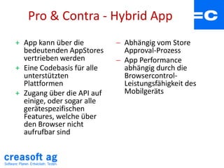 Pro & Contra - Hybrid App
+ App kann über die
bedeutenden AppStores
vertrieben werden
+ Eine Codebasis für alle
unterstützten
Plattformen
+ Zugang über die API auf
einige, oder sogar alle
gerätespezifischen
Features, welche über
den Browser nicht
aufrufbar sind
 Abhängig vom Store
Approval-Prozess
 App Performance
abhängig durch die
Browsercontrol-
Leistungsfähigkeit des
Mobilgeräts
 