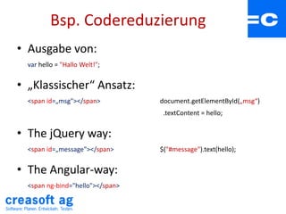 Bsp. Codereduzierung
• Ausgabe von:
var hello = "Hallo Welt!";
• „Klassischer“ Ansatz:
<span id=„msg"></span> document.getElementById(„msg“)
.textContent = hello;
• The jQuery way:
<span id=„message"></span> $("#message").text(hello);
• The Angular-way:
<span ng-bind="hello"></span>
 