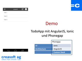 Demo
TodoApp mit AngularJS, Ionic
und Phonegap
UI Ionic
Architecture AngularJS
Custom Stack
Phonegap
 