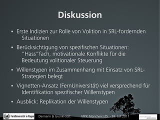 Diskussion
   Erste Indizien zur Rolle von Volition in SRL-fordernden
      Situationen
   Berücksichtigung von spezifischen Situationen:
      ”Hass”fach, motivationale Konflikte für die
      Bedeutung volitionaler Steuerung
   Willenstypen im Zusammenhang mit Einsatz von SRL-
     Strategien belegt
   Vignetten-Ansatz (FernUniversität) viel versprechend für
      Identifikation spezifischer Willenstypen
   Ausblick: Replikation der Willenstypen

             Deimann & Gronki-Jost   MPK München | 25. - 26. Juli 2011
 