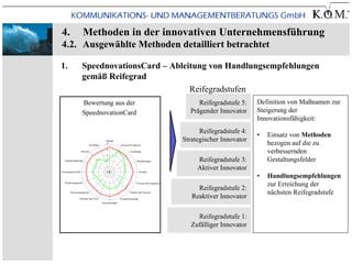 4.                         Methoden in der innovativen Unternehmensführung
4.2. Ausgewählte Methoden detailliert betrachtet

1.                     SpeednovationsCard – Ableitung von Handlungsempfehlungen
                       gemäß Reifegrad
                                                 Reifegradstufen
                        Bewertung aus der                                                                            Reifegradstufe 5:    Definition von Maßnamen zur
                        SpeednovationCard                                                                         Prägender Innovator     Steigerung der
                                                                                                                                          Innovationsfähigkeit:
                                                                                                                      Reifegradstufe 4:
                                                                                                                                          •   Einsatz von Methoden
                                                                                                                Strategischer Innovator
                                                                                                                                              bezogen auf die zu
                                                    Strategie
                                                     5
                                  Kreativität                       Wissen & Kompetenz

                       Personal
                                                     4

                                                     3
                                                                             Technologie                                                      verbessernden
   Internationalisierung                             2                              Dienstleistungen                 Reifegradstufe 3:        Gestaltungsfelder
Psychologische Reife
                                                     1

                                                     0                                   Produkte
                                                                                                                     Aktiver Innovator
                                                                                                                                          •   Handlungsempfehlungen
   Projektmanagement                                                                Prozesse und Organisation
                                                                                                                                              zur Erreichung der
                                                                                                                     Reifegradstufe 2:
         Wissensmanagement                                                   Struktur und Netzwerk                                            nächsten Reifegradstufe
                    Methoden und Tools                              Kundenorientierung
                                                                                                                   Reaktiver Innovator
                                                Innovationskultur




                                                                                                                     Reifegradstufe 1:
                                                                                                                   Zufälliger Innovator
 