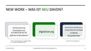 NEW WORK – WAS IST NEU DAVON?
11
Demokratisierung
Partizipation als
Grundprinzip der OE
„Befreite Unternehmen“
Digitalisierung
Dezentralisierung/Netzwerke
Unternehmen als Glied
im Biotop
Beispielbetriebe
FHV Jobmesse 2021 Vortrag New Work Marianne Grobner www.grobner.com
Eisen 2001, Glasl Lievegoed 2011
z.B. W. L. Gore & Associates, Inc., gegründet 1958
dm - drogerie markt, gegründet 1973
 