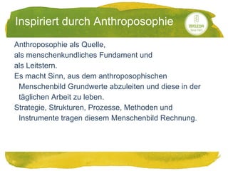 20.05.2014
Inspiriert durch Anthroposophie
Anthroposophie als Quelle,
als menschenkundliches Fundament und
als Leitstern.
Es macht Sinn, aus dem anthroposophischen
Menschenbild Grundwerte abzuleiten und diese in der
täglichen Arbeit zu leben.
Strategie, Strukturen, Prozesse, Methoden und
Instrumente tragen diesem Menschenbild Rechnung.
 