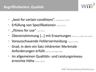 WM³ Weiterbildung Mittelhessen
• „best for certain conditions“. Feigenbaum (1951)
• Erfüllung von Spezifikationen Levitt (1972)
• „fitness for use“ Juran 1974
• Übereinstimmung […] mit Erwartungen Grönroos (1983), Box (1984)
• Vorausschauende Fehlervermeidung Taguchi (1995)
• Grad, in dem ein Satz inhärenter Merkmale
Anforderungen erfüllt.DIN EN ISO 9000 (2005)
• Im allgemeinen Qualitäts- und Leistungsniveau
erreichte Höhe Duden (2015)
Begrifflichkeiten: Qualität
 