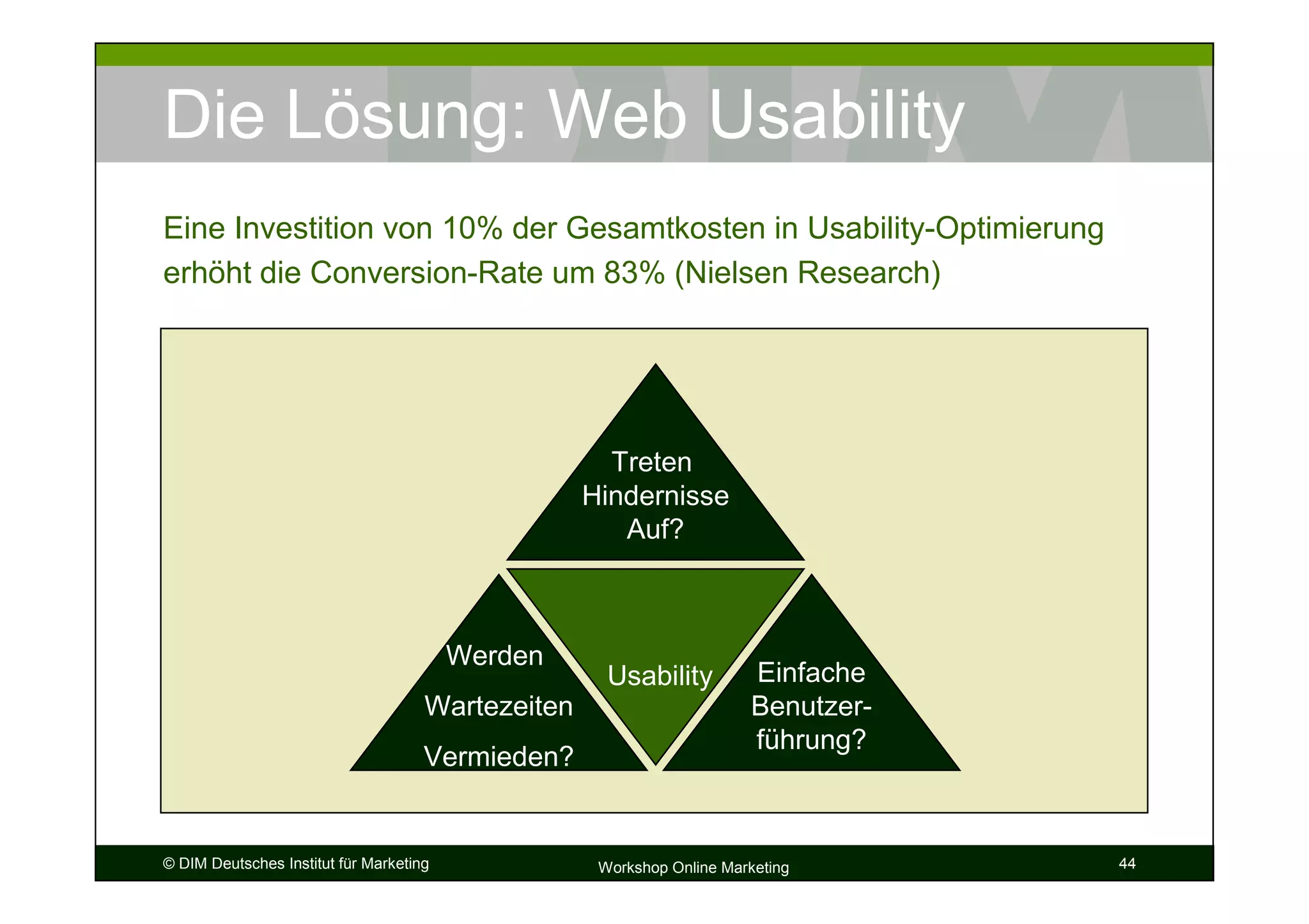 Die Lösung: Web Usability
Eine Investition von 10% der Gesamtkosten in Usability-Optimierung
erhöht die Conversion-Rate um 83% (Nielsen Research)




                                                     Treten
                                                   Hindernisse
                                                      Auf?



                                         Werden
                                                     Usability         Einfache
                                     Wartezeiten                       Benutzer-
                                                                       führung?
                                     Vermieden?


© DIM Deutsches Institut für Marketing              Workshop Online Marketing      44
 