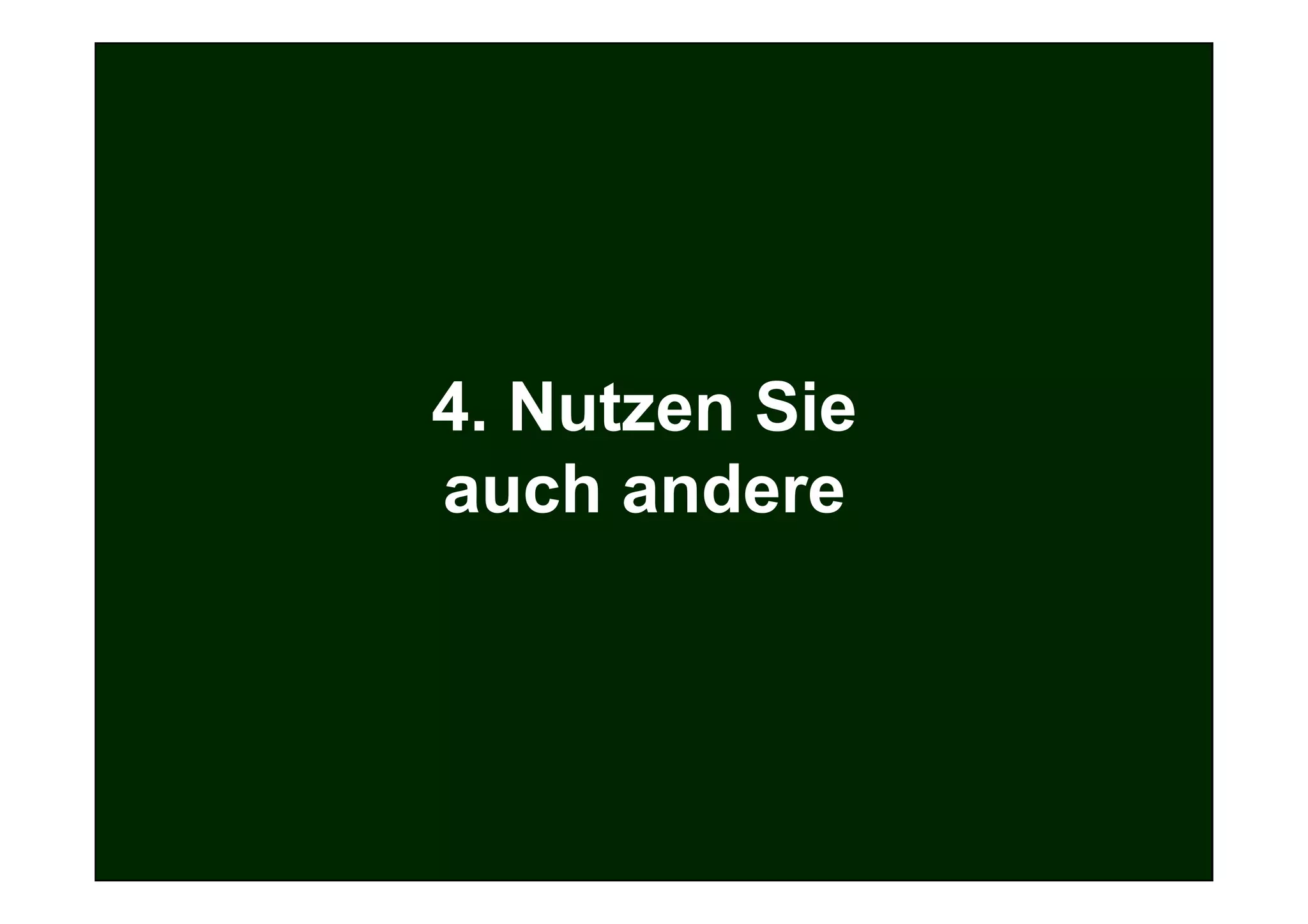 AGENDA
Was wir heute vor haben!

1. Ziel und Ablauf des Workshops
2. Strategie
3. Die eigene Website
4. Register und Portale   4. Nutzen Sie
5. Suchmaschinenoptimierung (SEO)
                          auch andere
6. Suchmaschinenmarketing (SEM)
7. Newsletter / E-Mail-Marketing
8. Online-PR
9. Web 2.0: Blogs, Podcasts, Social Bookmarks



Ihr Unternehmen lebt nicht von dem, was es produziert,
sondern von dem, was es verkauft.


                                                         64
 