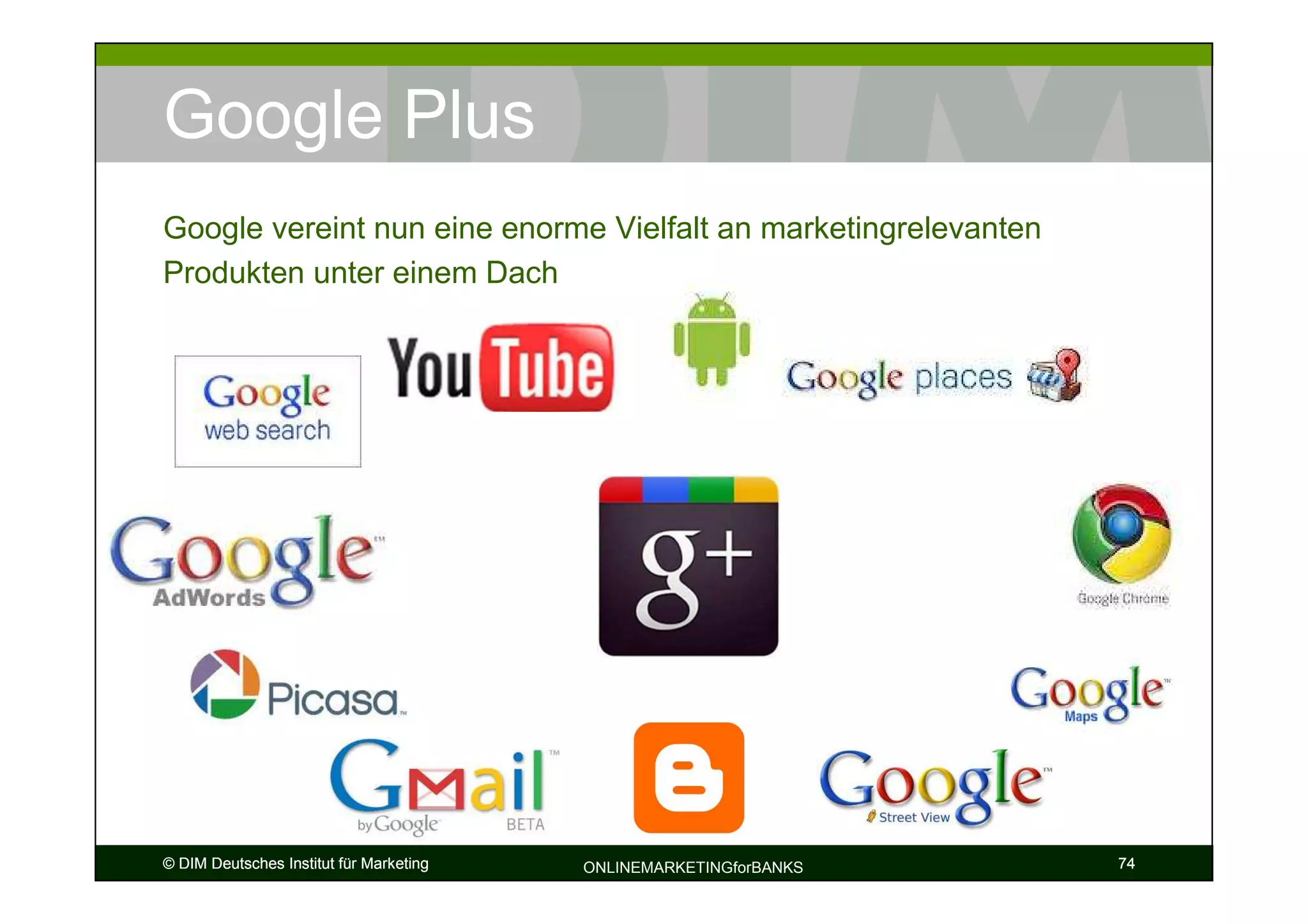 Google Plus
Google vereint nun eine enorme Vielfalt an marketingrelevanten
Produkten unter einem Dach




© DIM Deutsches Institut für Marketing   ONLINEMARKETINGforBANKS   74
 