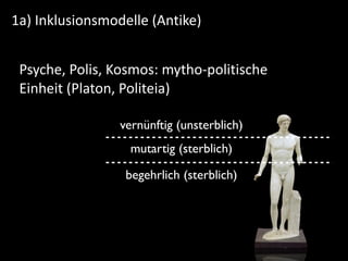 1a)	
  Inklusionsmodelle	
  (Antike)
Psyche,	
  Polis,	
  Kosmos:	
  mytho-­‐politische	
  
Einheit	
  (Platon,	
  Politei...