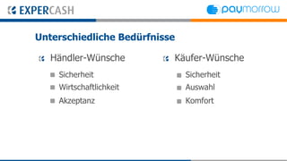 Unterschiedliche Bedürfnisse

   Händler-Wünsche         Käufer-Wünsche
    Sicherheit                 Sicherheit
    Wirtschaftlichkeit         Auswahl
    Akzeptanz                  Komfort
 
