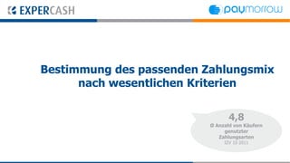 Bestimmung des passenden Zahlungsmix
      nach wesentlichen Kriterien

                                 4,8
                          Ø Anzahl von Käufern
                               genutzter
                             Zahlungsarten
                               IZV 10 2011
 