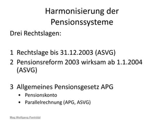Harmonisierung der
                         Pensionssysteme
Drei Rechtslagen:

1 Rechtslage bis 31.12.2003 (ASVG)
2 Pensionsreform 2003 wirksam ab 1.1.2004
  (ASVG)

3 Allgemeines Pensionsgesetz APG
     • Pensionskonto
     • Parallelrechnung (APG, ASVG)

Mag Wolfgang Panhölzl
 