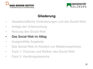 Gesellschaftliche Veränderungen und das Social Web Anlage der Untersuchung Nutzung des Social Web Das Social Web im Alltag Ausgewählte Angebote Das Social Web im Kontext von Medienrepertoires Fazit 1: Chancen und Risiken des Social Web Fazit 2: Handlungsbereiche Gliederung 