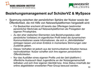 Beziehungsmanagement auf SchülerVZ & MySpace Spannung zwischen der persönlichen Sphäre der Nutzer sowie der Öffentlichkeit, die mit Hilfe von Netzwerkplattformen hergestellt wird:  Für Beobachter erscheint oft bereits das Offenlegen bestimmter persönlicher Merkmale auf Netzwerkplattformen als Preisgeben der eigenen Privatsphäre.  Zu den eher statischen Elementen (wie Beziehungsstatus oder persönliche Vorlieben) im eigentlichen Profil treten die dynamischen Kommunikationen sowie Informationen, die sich in „Aktivitätsfelder“ eintragen lassen und einen Einblick in momentane Stimmungen oder Zustände geben.  Dieses Verhalten ist jedoch aus der kommunikativen Situation heraus nachvollziehbar: Nutzer schaffen sich ihre eigenen  persönlichen Öffentlichkeiten. Nur das Ausfüllen eines eigenen Profils und der (teil-/plattform-) öffentliche Austausch lässt Jugendliche an der Nutzergemeinschaft teilhaben und sich ihrer eigenen Identität bzw. ihres Status innerhalb der online abgebildeten erweiterten Peer-Group bewusst werden. 