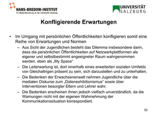 Konfligierende Erwartungen Im Umgang mit persönlichen Öffentlichkeiten konfligieren somit eine Reihe von Erwartungen und Normen Aus Sicht der Jugendlichen besteht das Dilemma insbesondere darin, dass die persönlichen Öffentlichkeiten auf Netzwerkplattformen als eigener und selbstbestimmt angeeigneter Raum wahrgenommen werden, eben als „My Space“ Die Leiterwartung ist, dort innerhalb eines erweiterten sozialen Umfelds von Gleichaltrigen präsent zu sein, sich darzustellen und zu unterhalten.  Die Bedenken der Erwachsenenwelt nehmen Jugendliche über die medialen Diskurse zum „Datenexhibitionismus“ sowie über Interventionen besorgter Eltern und Lehrer wahr. Die Bedenken erscheinen ihnen jedoch vielfach unverständlich, da die Warnungen nicht mit der eigenen Wahrnehmung der Kommunikationssituation korrespondiert. 