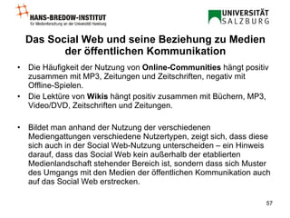Das Social Web und seine Beziehung zu Medien der öffentlichen Kommunikation Die Häufigkeit der Nutzung von  Online-Communities  hängt positiv zusammen mit MP3, Zeitungen und Zeitschriften, negativ mit Offline-Spielen. Die Lektüre von  Wikis  hängt positiv zusammen mit Büchern, MP3, Video/DVD, Zeitschriften und Zeitungen. Bildet man anhand der Nutzung der verschiedenen Mediengattungen verschiedene Nutzertypen, zeigt sich, dass diese sich auch in der Social Web-Nutzung unterscheiden – ein Hinweis darauf, dass das Social Web kein außerhalb der etablierten Medienlandschaft stehender Bereich ist, sondern dass sich Muster des Umgangs mit den Medien der öffentlichen Kommunikation auch auf das Social Web erstrecken.  