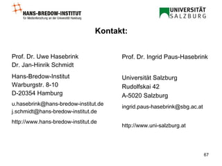 Kontakt: Prof. Dr. Uwe Hasebrink Dr. Jan-Hinrik Schmidt Hans-Bredow-Institut Warburgstr. 8-10 D-20354 Hamburg [email_address] [email_address] http://www.hans-bredow-institut.de Prof. Dr. Ingrid Paus-Hasebrink Universität Salzburg Rudolfskai 42 A-5020 Salzburg [email_address] http://www.uni-salzburg.at 