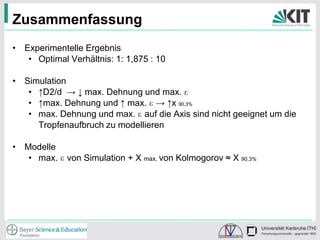 Zusammenfassung
• Experimentelle Ergebnis
• Optimal Verhältnis: 1: 1,875 : 10
• Simulation
• ↑D2/d → ↓ max. Dehnung und max. ɛ
• ↑max. Dehnung und ↑ max. ɛ → ↑x 90,3%
• max. Dehnung und max. ɛ auf die Axis sind nicht geeignet um die
Tropfenaufbruch zu modellieren
• Modelle
• max. ɛ von Simulation + X max. von Kolmogorov ≈ X 90,3%

 