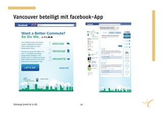 Ankündigung und Anmeldung „Discuss+Propose“
                        Phase 1+2
   Vancouver beteiligt mit facebook-App




   Zebralog GmbH & Co KG   20
 