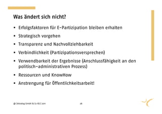 Was ändert sich nicht?

  Erfolgsfaktoren für E-Partizipation bleiben erhalten
  Strategisch vorgehen
  Transparenz und Nachvollziehbarkeit
  Verbindlichkeit (Partizipationsversprechen)
  Verwendbarkeit der Ergebnisse (Anschlussfähigkeit an den
   politisch-administrativen Prozess)
  Ressourcen und KnowHow
  Anstrengung für Öffentlichkeitsarbeit!



@ Zebralog GmbH & Co KG | 2011   28
 