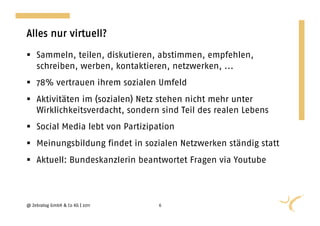 Alles nur virtuell?

  Sammeln, teilen, diskutieren, abstimmen, empfehlen,
   schreiben, werben, kontaktieren, netzwerken, ...
  78% vertrauen ihrem sozialen Umfeld
  Aktivitäten im (sozialen) Netz stehen nicht mehr unter
   Wirklichkeitsverdacht, sondern sind Teil des realen Lebens
  Social Media lebt von Partizipation
  Meinungsbildung findet in sozialen Netzwerken ständig statt
  Aktuell: Bundeskanzlerin beantwortet Fragen via Youtube



@ Zebralog GmbH & Co KG | 2011   6
 