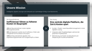 Ineffizienzen führen zu höheren
Kosten im Bauprojekt
Die Herausforderung
<6% der Bauunternehmen nutzen digitale
Planungsinstrumente.
30% der Baukosten werden durch Ineffizienz, Fehler oder
mangelnde Kommunikation verursacht.
100% der Bauunternehmen glauben, ihre
Digitalisierungspotentiale nicht ausgeschöpft zu haben.
Unsere Mission
Intelligente, digitale Lösungen als Schlüssel zum nachhaltigen Erfolg in der Baubranche
Eine zentrale digitale Plattform, die
Zeit & Kosten spart
Die Lösung
✓ Kunden-, Projekt- sowie Baustellenmanagement in einer
digitalen Lösung.
✓ Integration aller Projektbeteiligten während der
gesamten Projektlaufzeit.
✓ Minimierung von Kosten- & Zeitaufwand und
Steigerung der Kundenzufriedenheit.
 