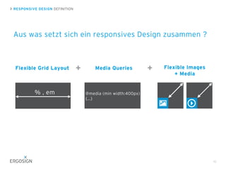 RESPONSIVE DESIGN DEFINITION
10
Flexible Grid Layout Media Queries Flexible Images
+ Media
@media (min width:400px)
{...}
% , em
+ +
Aus was setzt sich ein responsives Design zusammen ?
 