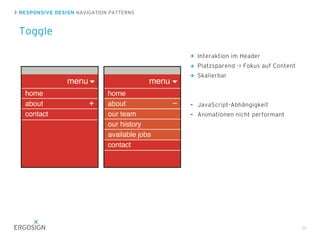 RESPONSIVE DESIGN NAVIGATION PATTERNS
Toggle
36
Interaktion im Header
Platzsparend -> Fokus auf Content
Skalierbar
JavaScript-Abhängigkeit
Animationen nicht performant
-
+
+
+
-
 