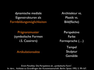 Artikulationsakte
Erwin Panofsky: Die Perspektive als „symbolische Form“.
In: ders., Aufsätze zu Grundfragen der Kunstwissenschaft. Berlin: Spiess 1992, S. 99-167.
dynamische mediale
Eigenstrukturen als
Formbildungsmöglichkeiten
Prägnanzmuster
(symbolische Formen
i.S. Cassirers)
Architektur vs.
Plastik vs.
Bild(fläche)
Perspektive
Farbe
Formsprache (…)
Tempel
Skulptur
Gemälde
 