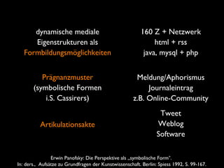 Artikulationsakte
Erwin Panofsky: Die Perspektive als „symbolische Form“.
In: ders., Aufsätze zu Grundfragen der Kunstwissenschaft. Berlin: Spiess 1992, S. 99-167.
dynamische mediale
Eigenstrukturen als
Formbildungsmöglichkeiten
Prägnanzmuster
(symbolische Formen
i.S. Cassirers)
160 Z + Netzwerk
html + rss
java, mysql + php
Meldung/Aphorismus
Journaleintrag
z.B. Online-Community
Tweet
Weblog
Software
 