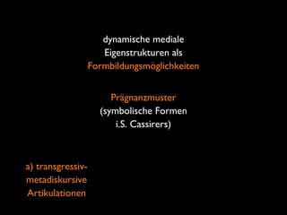 a) transgressiv-
metadiskursive
Artikulationen
dynamische mediale
Eigenstrukturen als
Formbildungsmöglichkeiten
Prägnanzmuster
(symbolische Formen
i.S. Cassirers)
 