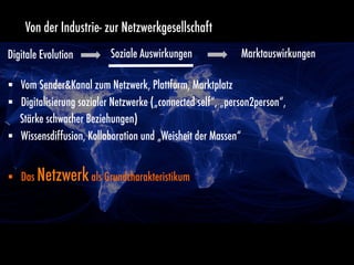 Seite 5Intelligente Systeme im Gesundheitswesen, 20. Juni 2013 im Kunsthaus Zürich, eHealth Consulting GmbH
Digitale Evolution
§  Vom Sender&Kanal zum Netzwerk, Plattform, Marktplatz
§  Digitalisierung sozialer Netzwerke („connected self“, „person2person“,
Stärke schwacher Beziehungen)
§  Wissensdiffusion, Kollaboration und „Weisheit der Massen“
§  Das Netzwerkals Grundcharakteristikum
Soziale Auswirkungen Marktauswirkungen
Von der Industrie- zur Netzwerkgesellschaft
 