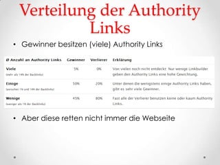 Verteilung der Authority
          Links
• Gewinner besitzen (viele) Authority Links




• Aber diese retten nicht immer die Webseite
 