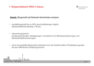 Zweck: Bürgschaft soll fehlende Sicherheiten ersetzen 
november 28, 2014 Philip Wittkamp 
Seite 12 
7. Bürgschaftsbank NRW in Neuss 
• Ausfallbürgschaft bis zu 80% des Kreditbetrags möglich 
(Bürgschaftshöchstbetrag 1 Mio.€) 
• Verwendungszweck: 
Existenzgründungen, Beteiligungen, Investitionen für Betriebserweiterungen und 
Betriebsmittelfinanzierungen 
• durch die gestellte Bürgschaft verbessert sich die Kreditkondition (Preisklasse) gerade 
bei den öffentlichen Kreditprogrammen 
 